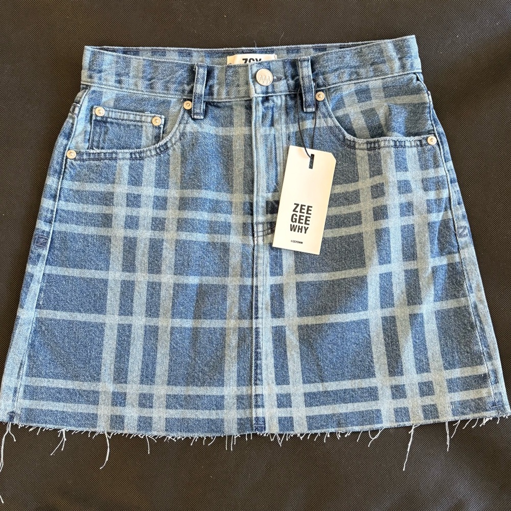 NWT Size 24 ZeeGee Why Denim Kick Skirt
Blue Plaid Denim Skirt